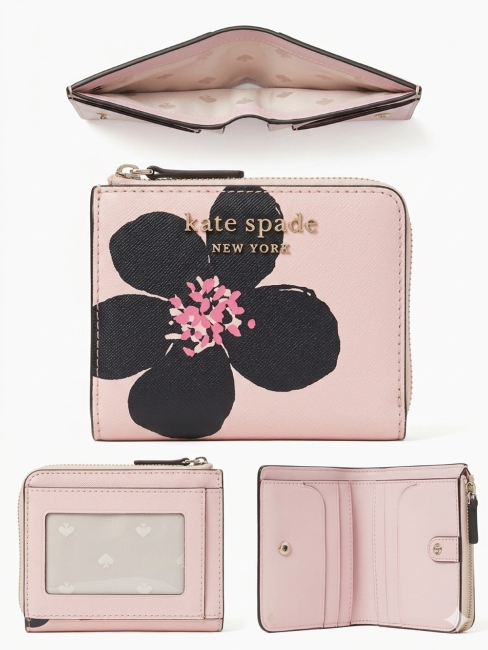 kate spade Pink Floral Zip-Top Compact Wallet with Gold Logo